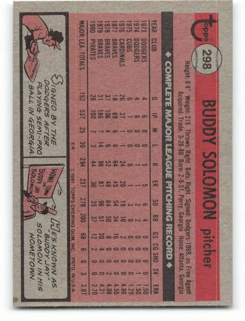 1981 Topps #298 Buddy Solomon EX Excellent Pittsburgh Pirates Baseball Card - Baseball Card Single