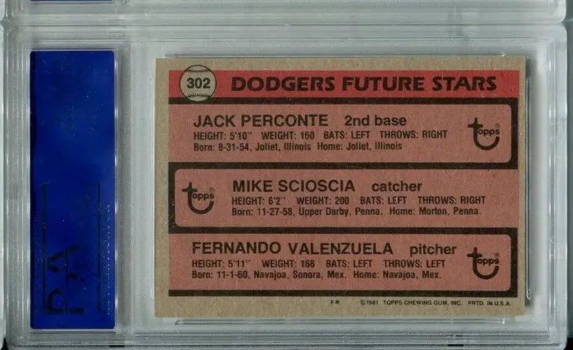 1981 TOPPS #302 FERNANDO VALENZUELA MIKE SCIOSCIA DODGERS RC PSA 8 O/C NM-MT