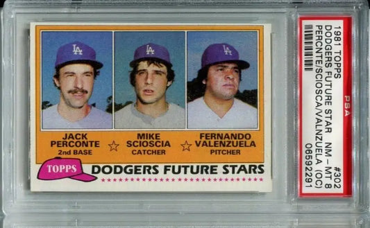 1981 TOPPS #302 FERNANDO VALENZUELA MIKE SCIOSCIA DODGERS RC PSA 8 O/C NM-MT