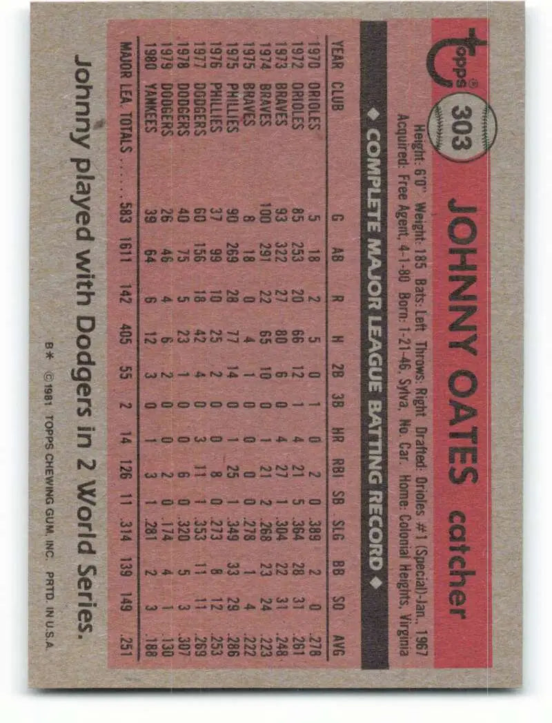 1981 Topps #303 Johnny Oates EX Excellent New York Yankees Baseball Card - Baseball Card Single