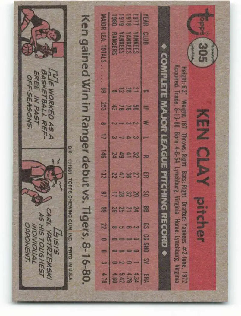 1981 Topps #305 Ken Clay EX Excellent Texas Rangers Baseball Card - Baseball Card Single