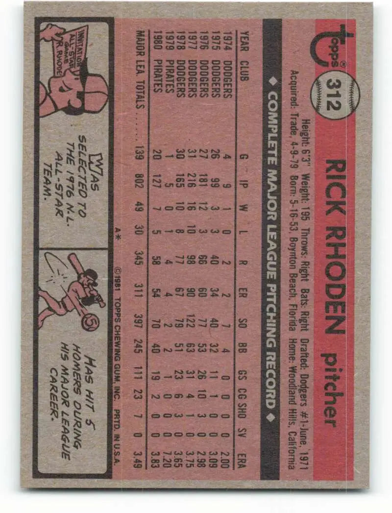 1981 Topps #312 Rick Rhoden EX Excellent Pittsburgh Pirates Baseball Card - Baseball Card Single