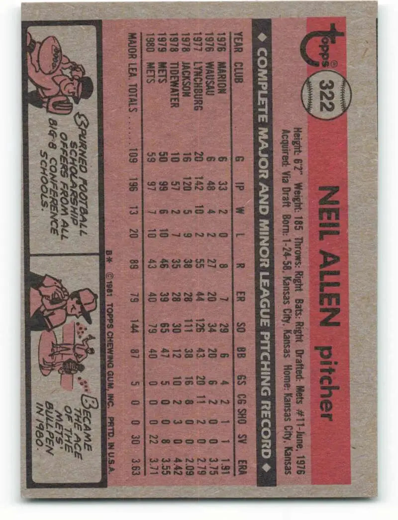 1981 Topps #322 Neil Allen EX Excellent New York Mets Baseball Card - Baseball Card Single