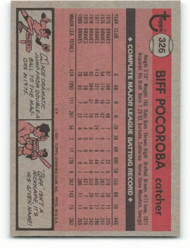 1981 Topps #326 Biff Pocoroba EX Excellent Atlanta Braves Baseball Card - Baseball Card Single