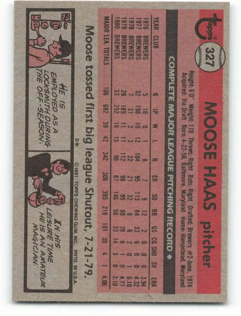 1981 Topps #327 Moose Haas EX Excellent Milwaukee Brewers Baseball Card - Baseball Card Single