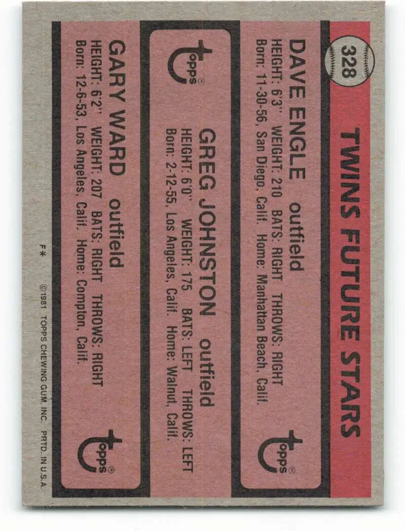 1981 Topps #328 Dave Engle/Greg Johnston/Gary Ward EX Excellent RC Rookie Minnesota Twins Baseball Card - Baseball Card