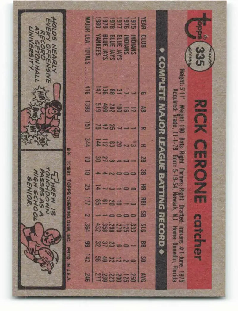 1981 Topps #335 Rick Cerone EX Excellent New York Yankees Baseball Card - Baseball Card Single