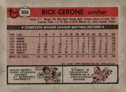 Vintage 1981 Topps Rick Cerone baseball card featuring Rick Cerone player image
