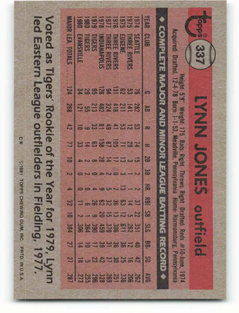 1981 Topps #337 Lynn Jones EX Excellent Detroit Tigers Baseball Card - Baseball Card Single