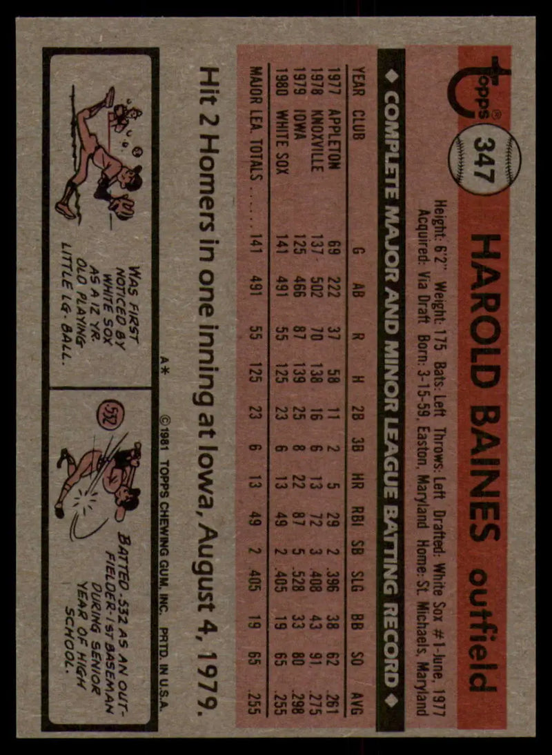 1981 Topps #347 Harold Baines EX Excellent RC Rookie Chicago White Sox Baseball Card - Baseball Card Single