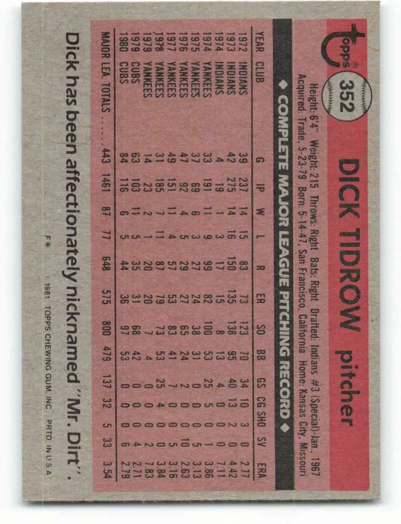 1981 Topps #352 Dick Tidrow EX Excellent Chicago Cubs Baseball Card - Baseball Card Single