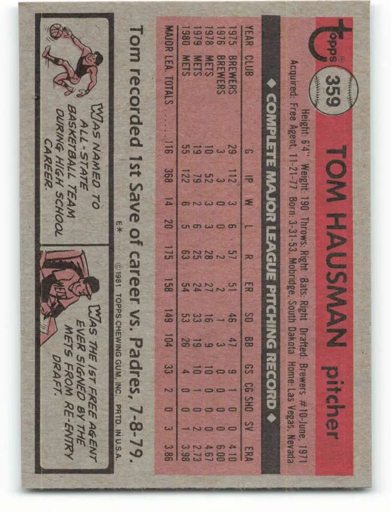 1981 Topps #359 Tom Hausman EX Excellent New York Mets Baseball Card - Baseball Card Single