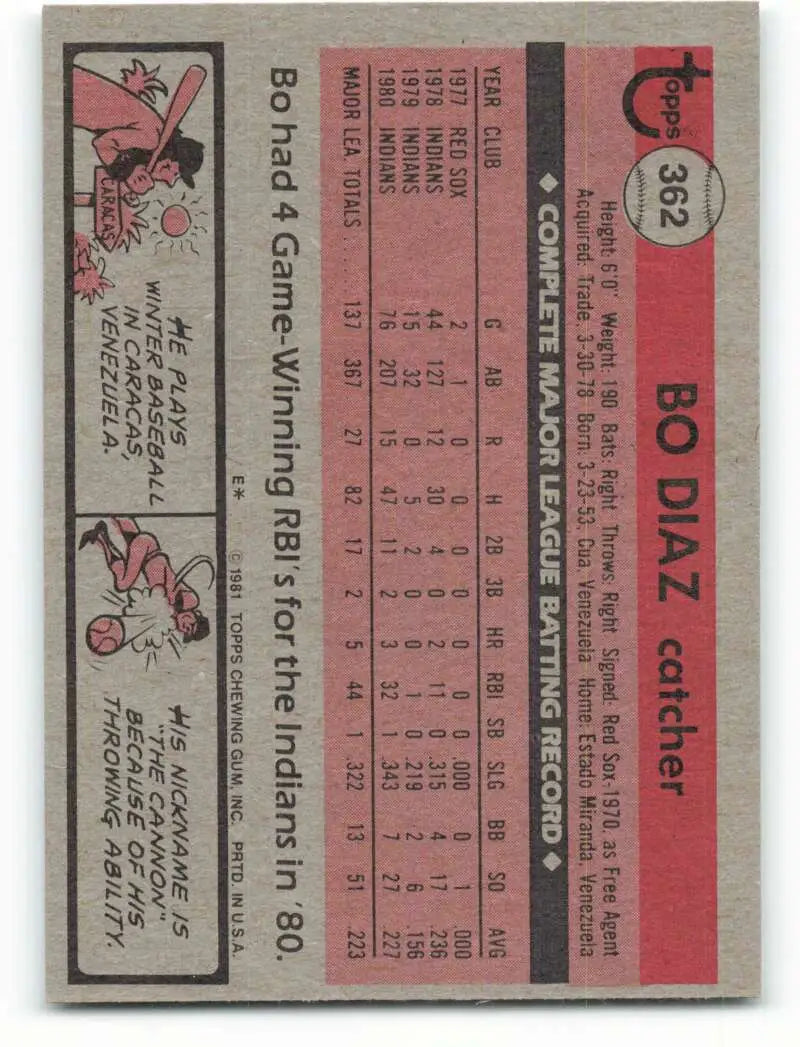 1981 Topps #362 Bo Diaz EX Excellent Cleveland Indians Baseball Card - Baseball Card Single