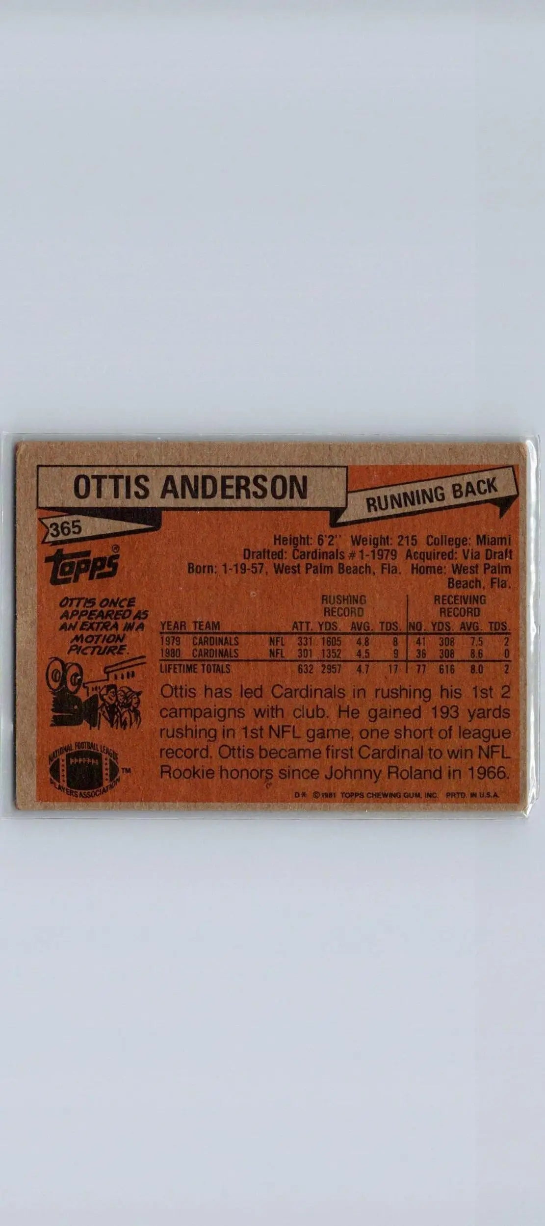 Ottis Anderson 1981 Topps #365 trading card showcasing the legendary football player