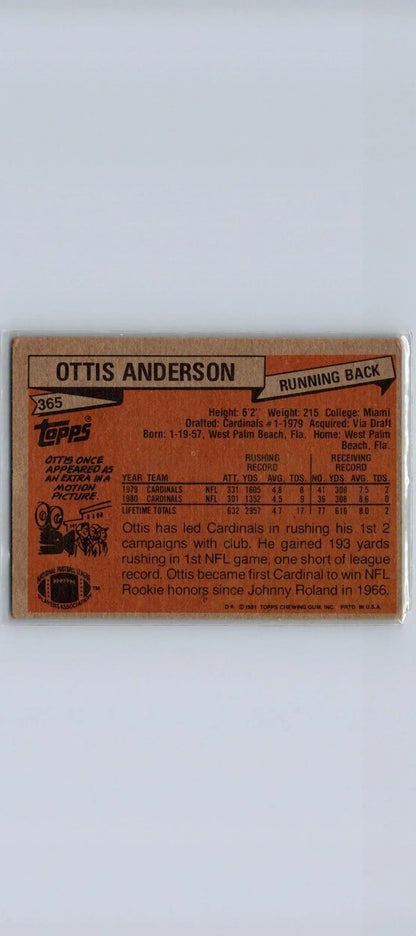 Ottis Anderson 1981 Topps #365 trading card showcasing the legendary football player