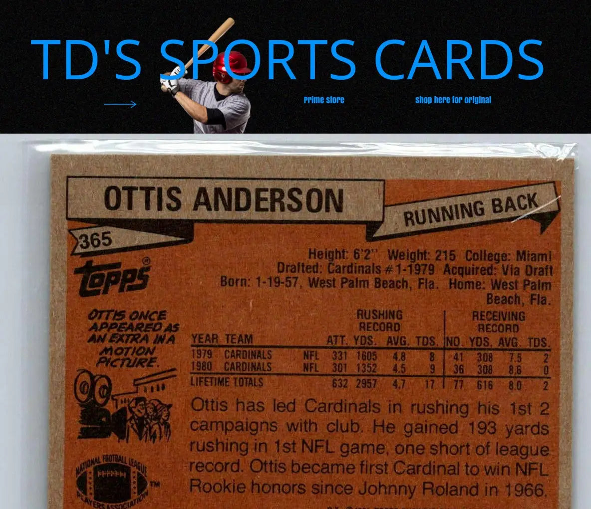Ottis Anderson 1981 Topps #365 trading card featuring the football legend
