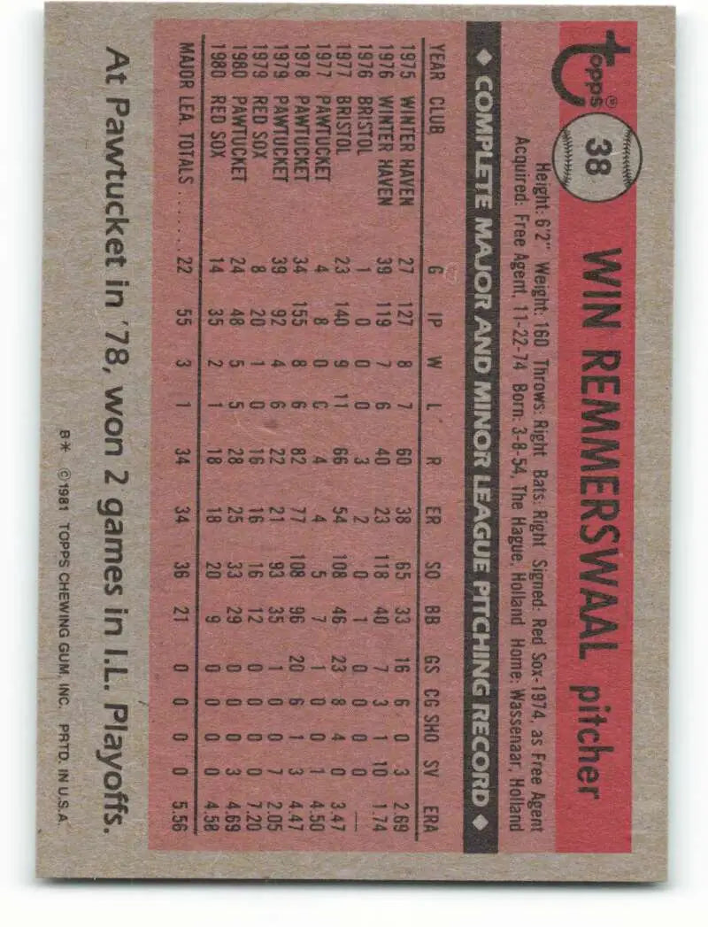 1981 Topps #38 Win Remmerswaal EX Excellent RC Rookie Boston Red Sox Baseball Card - Baseball Card Single