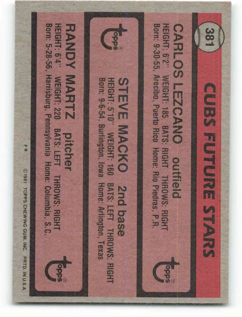 1981 Topps #381 Carlos Lezcano/Steve Macko/Randy Martz EX Excellent RC Rookie Chicago Cubs Baseball Card - Baseball