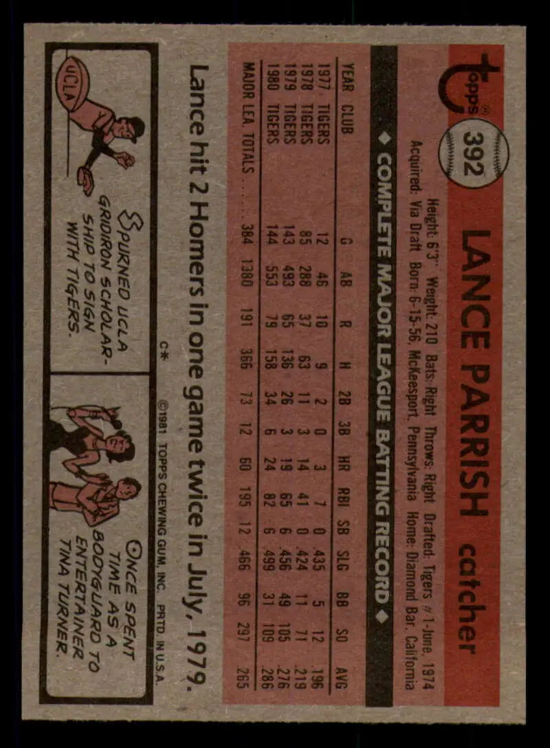 1981 Topps #392 Lance Parrish EX Excellent Detroit Tigers Baseball Card - Baseball Card Single