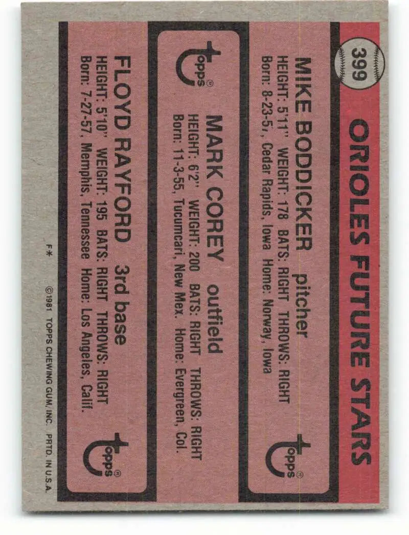 1981 Topps #399 Mike Boddicker/Mark Corey/Floyd Rayford EX Excellent RC Rookie Baltimore Orioles Baseball Card