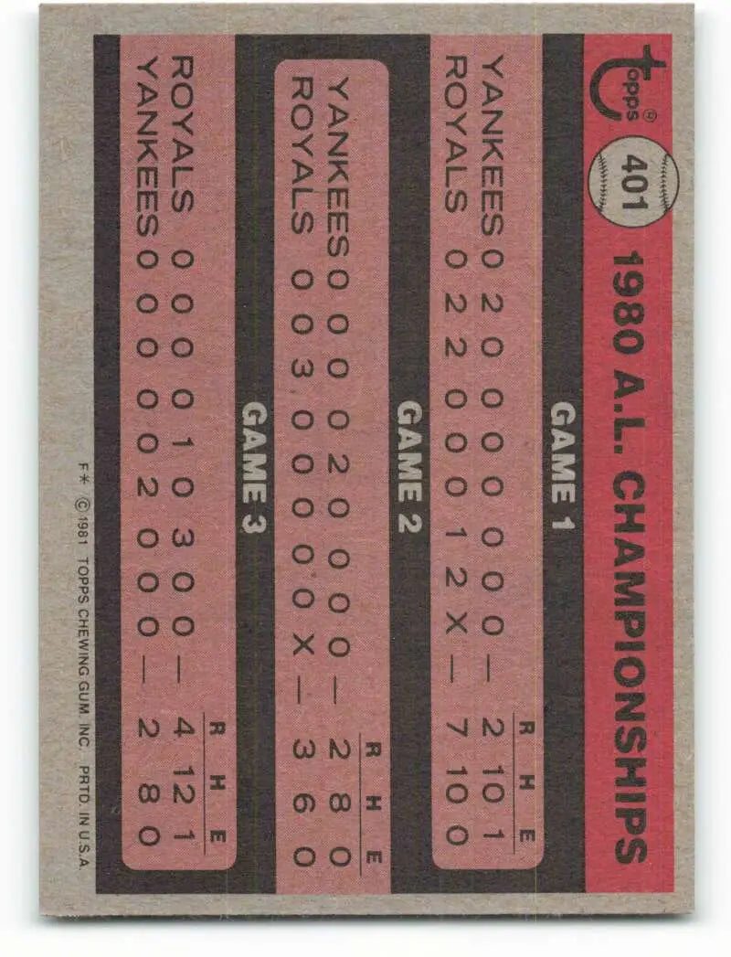 1981 Topps #401 AL Champs EX Excellent Kansas City Royals Baseball Card - Baseball Card Single