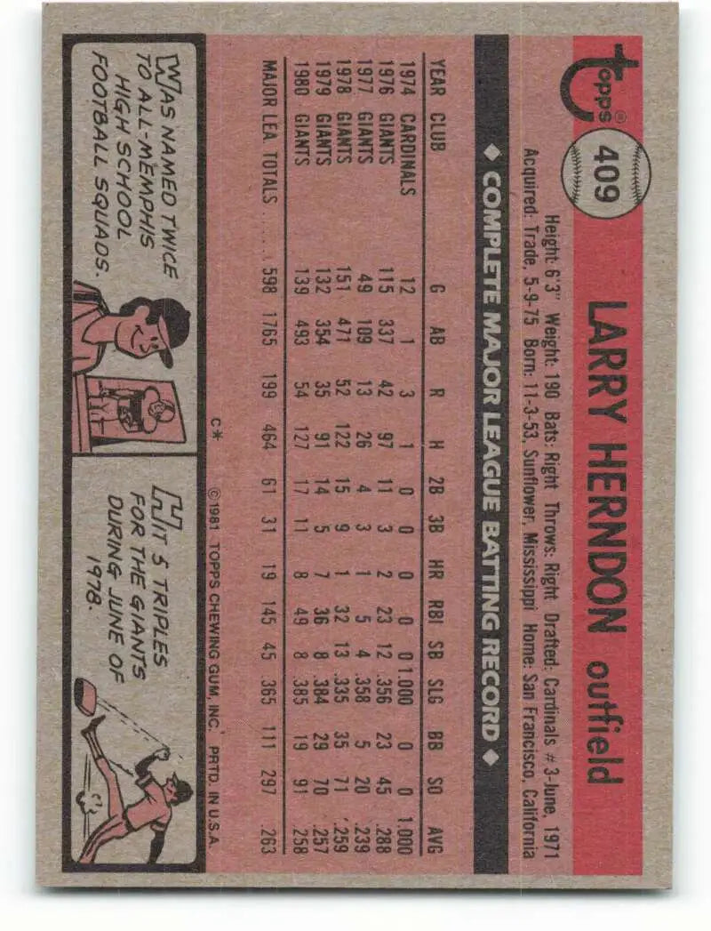1981 Topps #409 Larry Herndon EX Excellent San Francisco Giants Baseball Card - Baseball Card Single