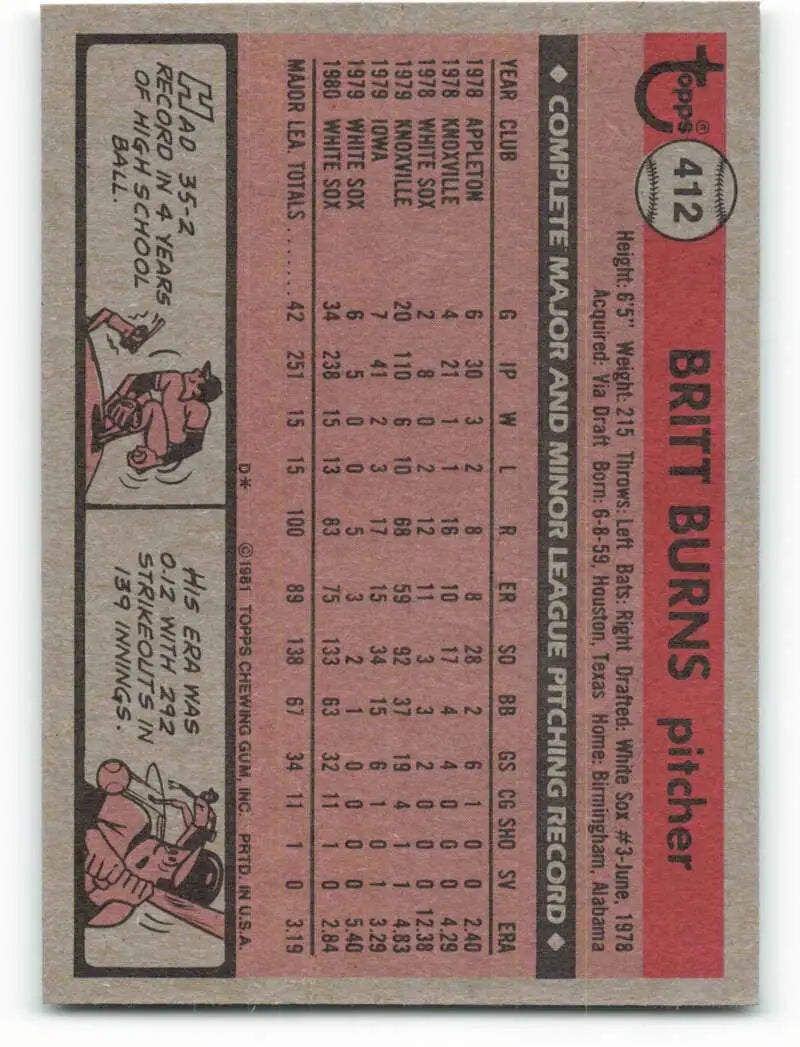 1981 Topps #412 Britt Burns EX Excellent RC Rookie Chicago White Sox Baseball Card - Baseball Card Single