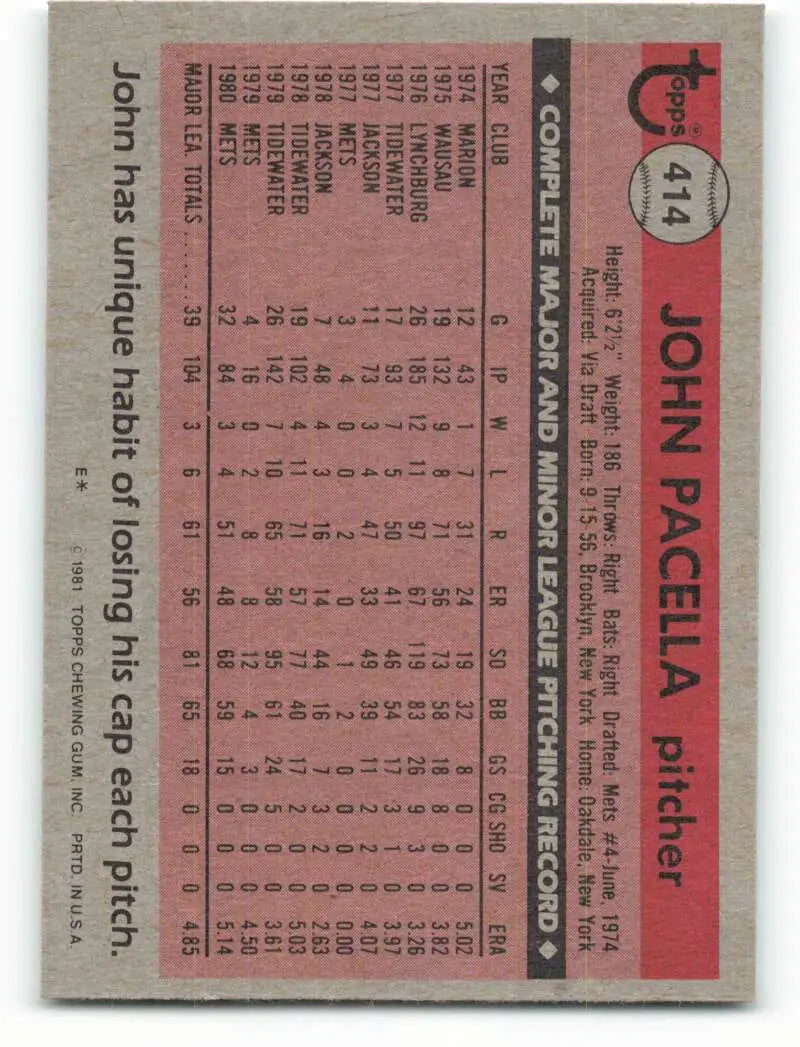 1981 Topps #414 John Pacella EX Excellent RC Rookie New York Mets Baseball Card - Baseball Card Single