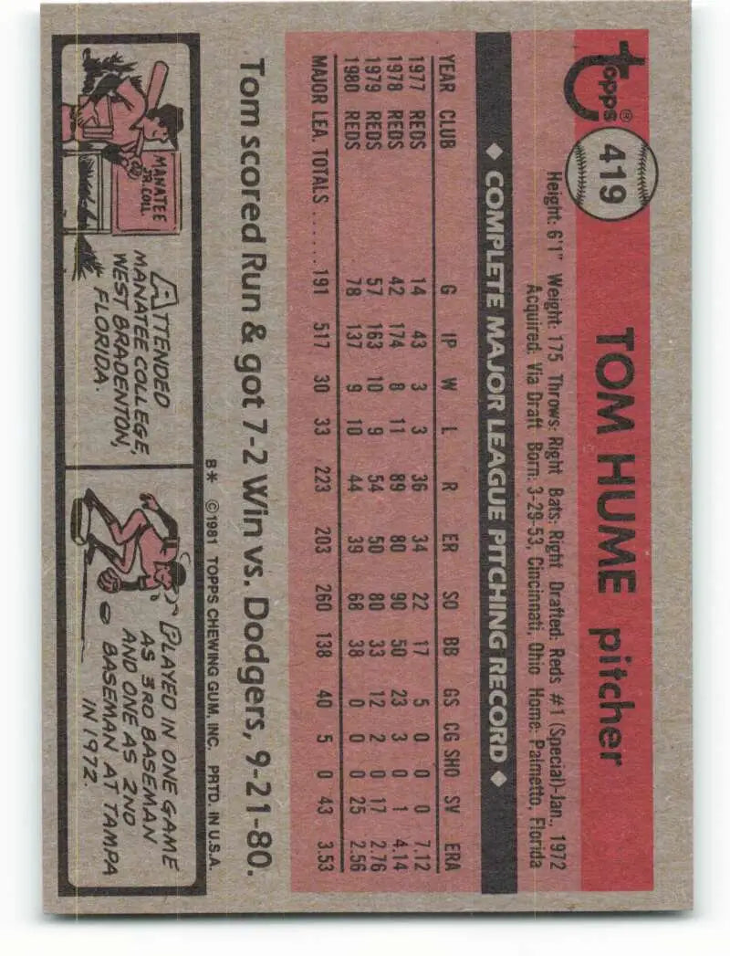 1981 Topps #419 Tom Hume EX Excellent Cincinnati Reds Baseball Card - Baseball Card Single