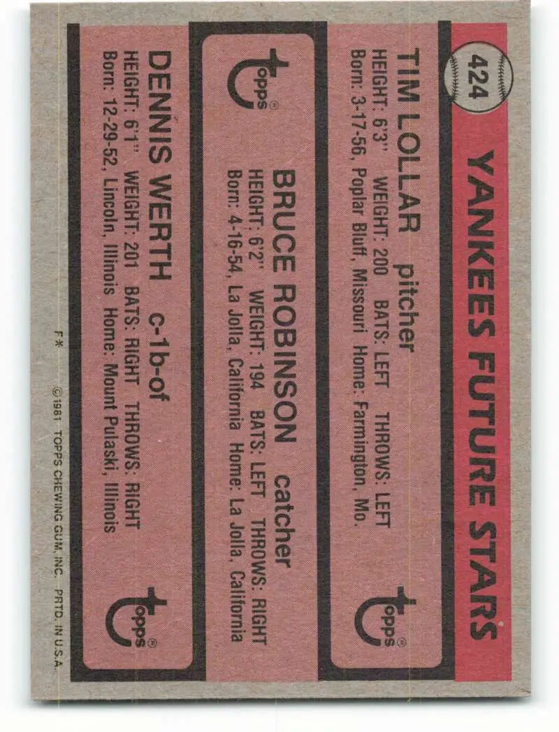 1981 Topps #424 Tim Lollar/Bruce Robinson/Dennis Werth EX Excellent RC Rookie New York Yankees Baseball Card - Baseball