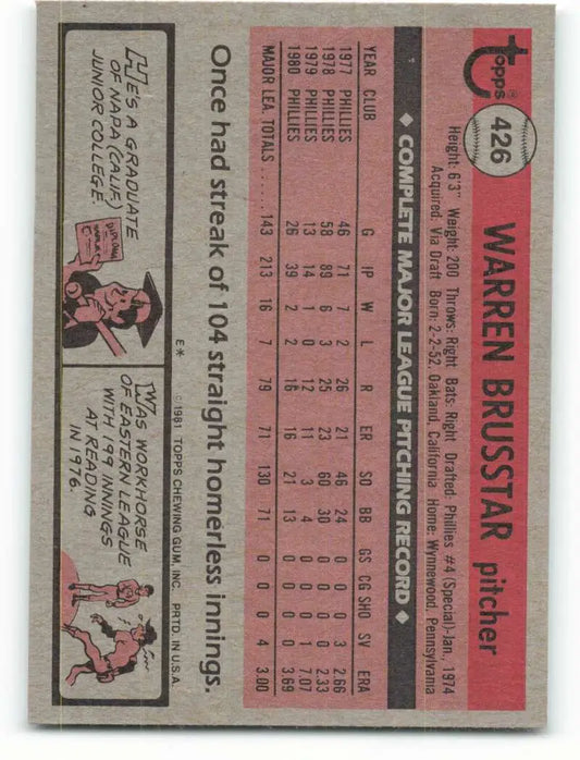 1981 Topps #426 Warren Brusstar EX Excellent Philadelphia Phillies Baseball Card - Baseball Card Single
