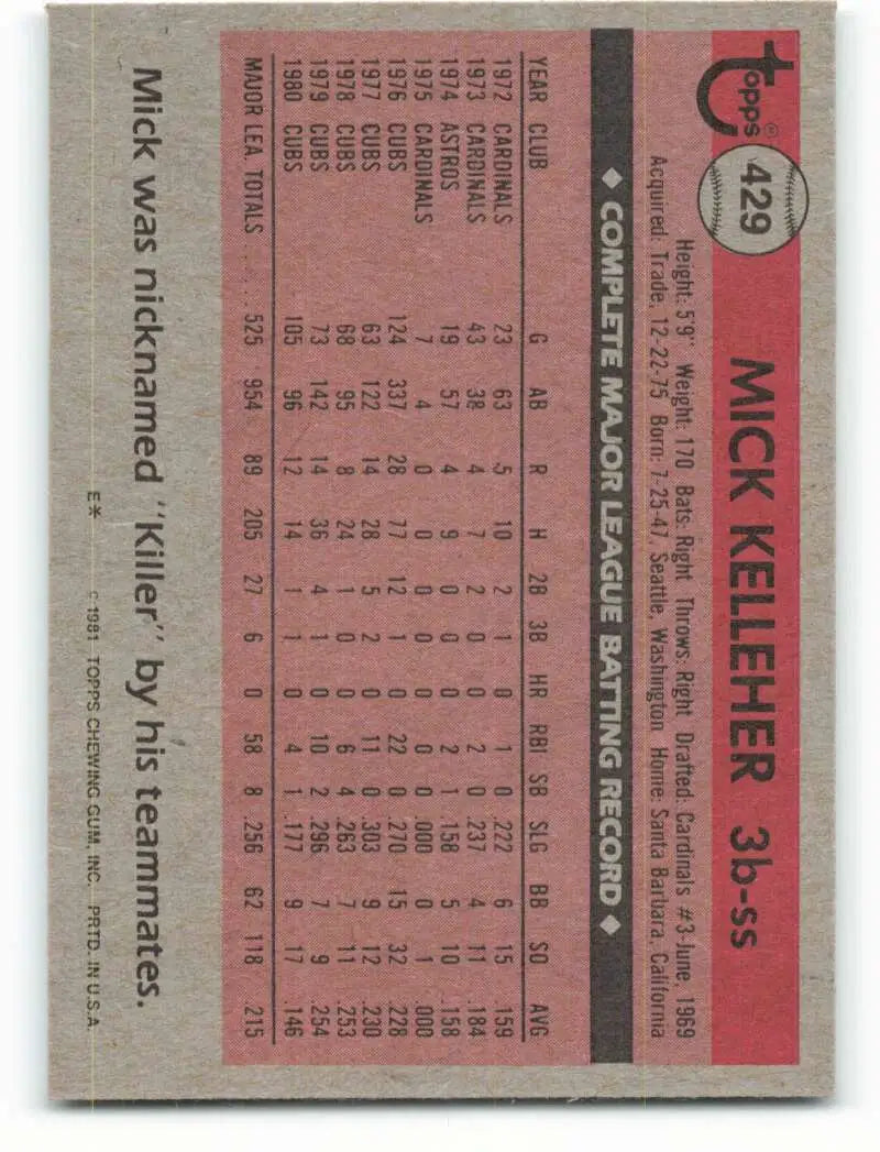 1981 Topps #429 Mick Kelleher EX Excellent Chicago Cubs Baseball Card - Baseball Card Single