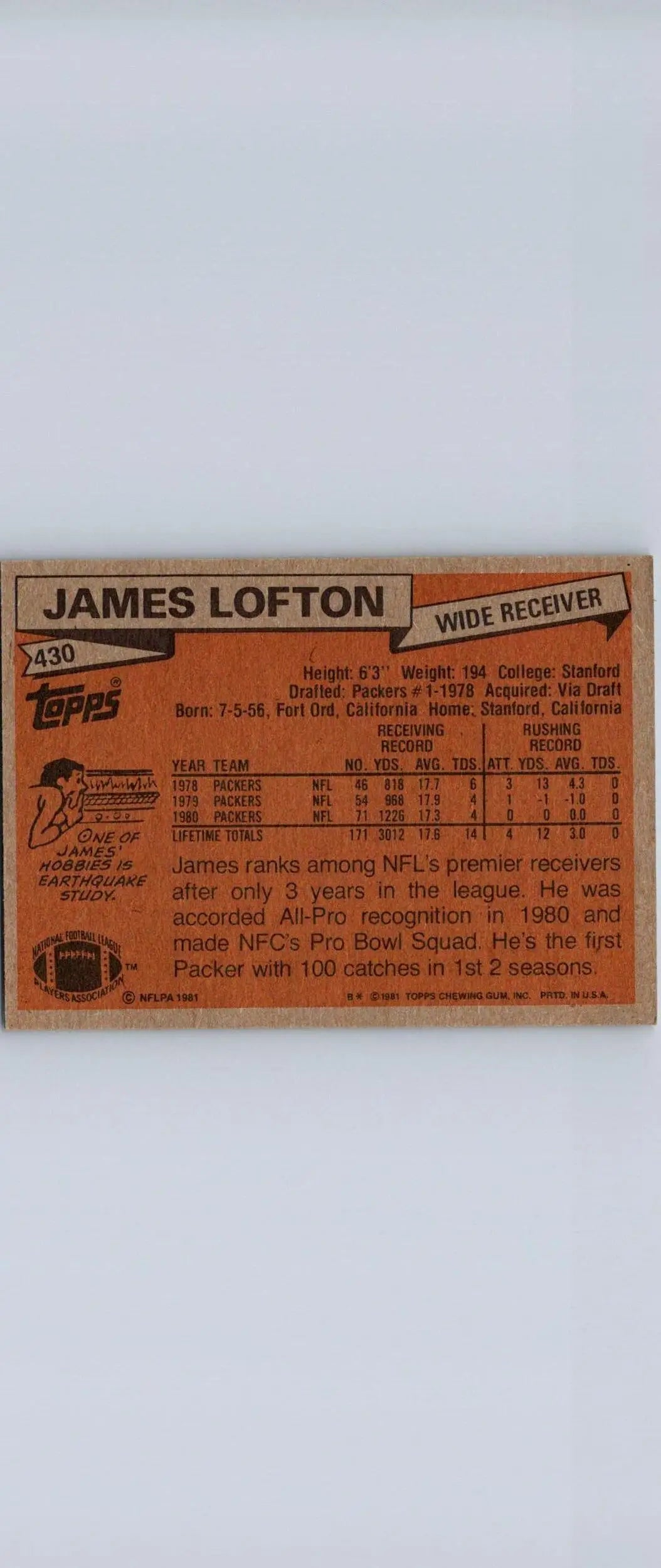 James Lofton football card from 1981 Topps #430 trading cards collection