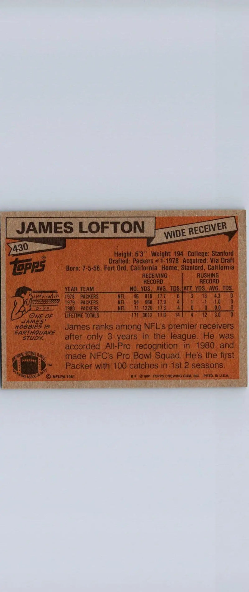 James Lofton football card from 1981 Topps #430 trading cards collection