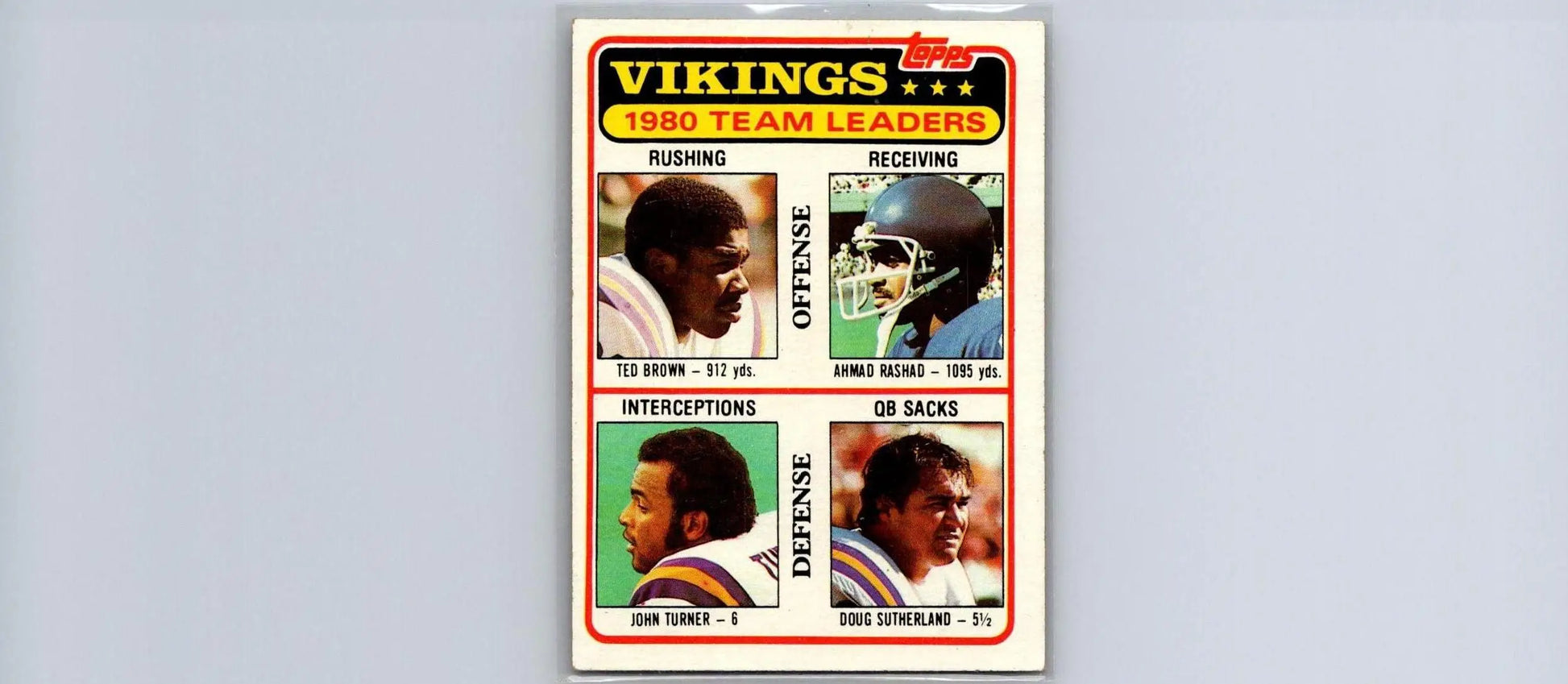 1980 Topps Vikings team leaders card featuring Ted Brown, Ahmad Rashad, and John Turner