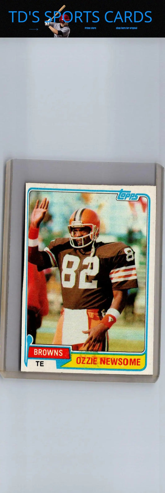 Ozzie Newsome football card from 1981 Topps #435 displayed in product packaging