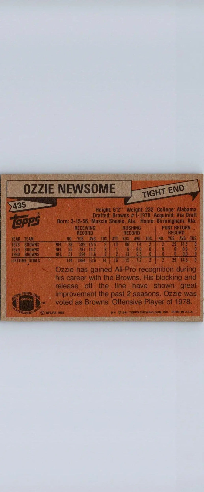 Ozzie Newsome 1981 Topps #435 trading card for collectors of sports memorabilia
