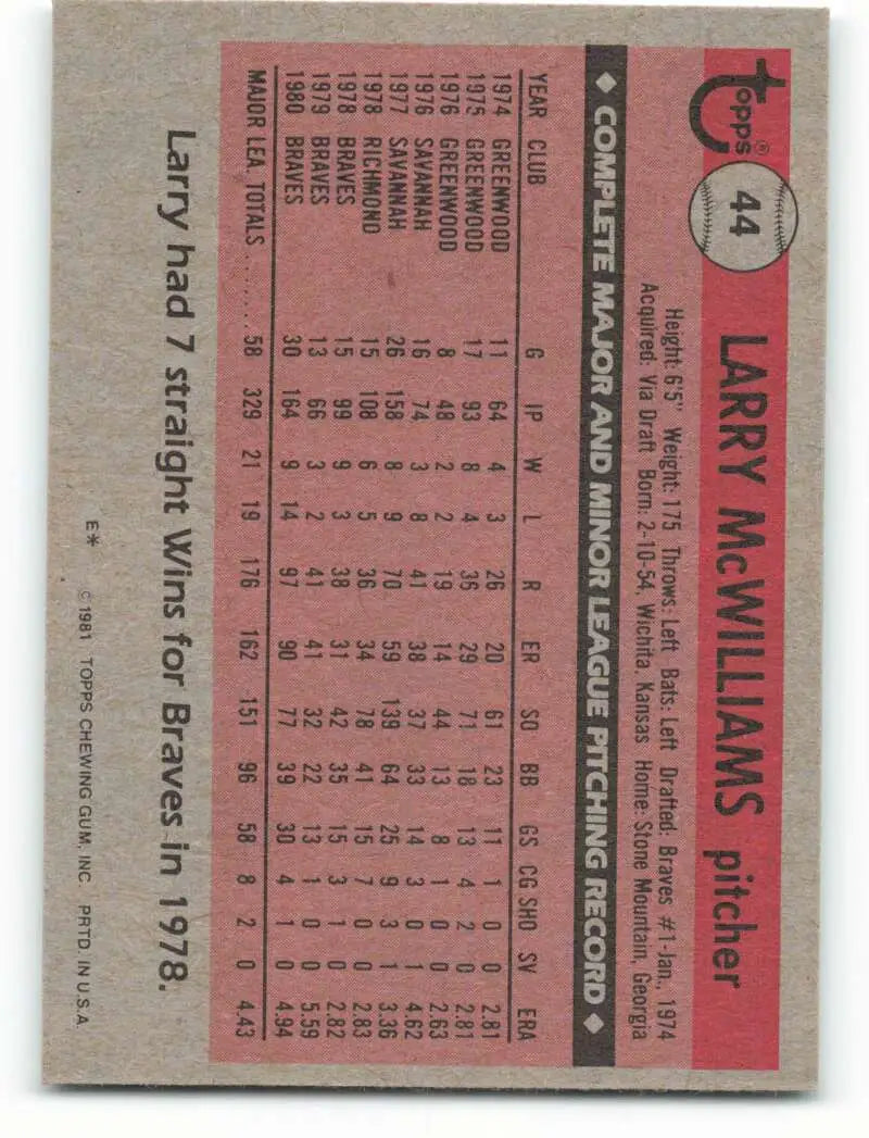 1981 Topps #44 Larry McWilliams EX Excellent Atlanta Braves Baseball Card - Baseball Card Single