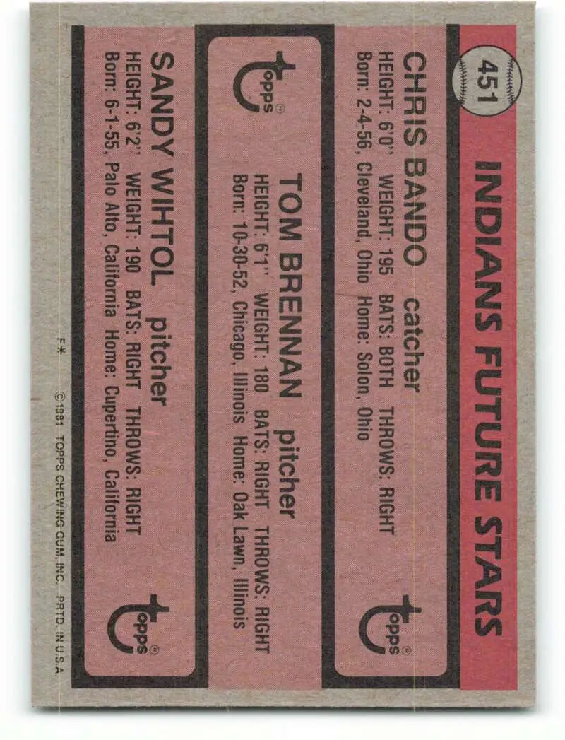 1981 Topps #451 Chris Bando/Tom Brennan/Sandy Wihtol EX Excellent RC Rookie Cleveland Indians Baseball Card - Baseball