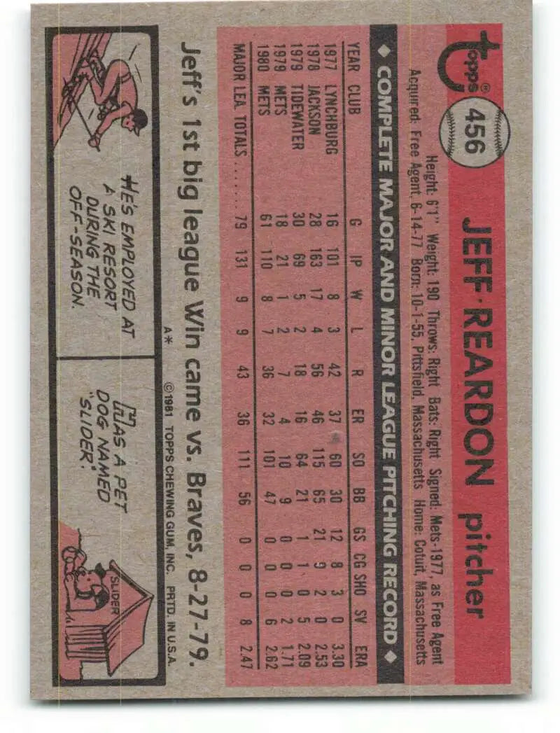 1981 Topps #456 Jeff Reardon EX Excellent RC Rookie New York Mets Baseball Card - Baseball Card Single