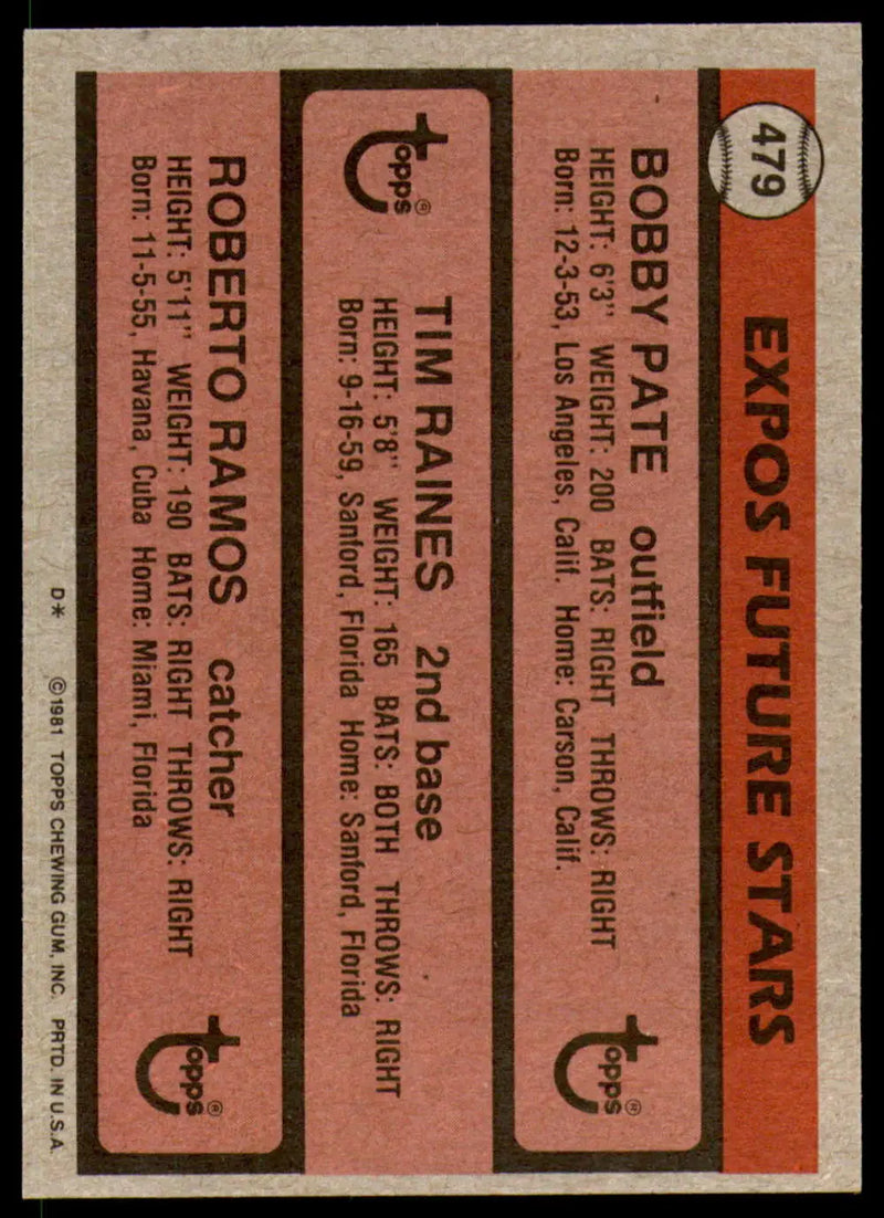 1981 Topps #479 /Tim Raines/Roberto Ramos/Bob Pate EX Excellent RC Rookie Montreal Expos Baseball Card - Baseball Card