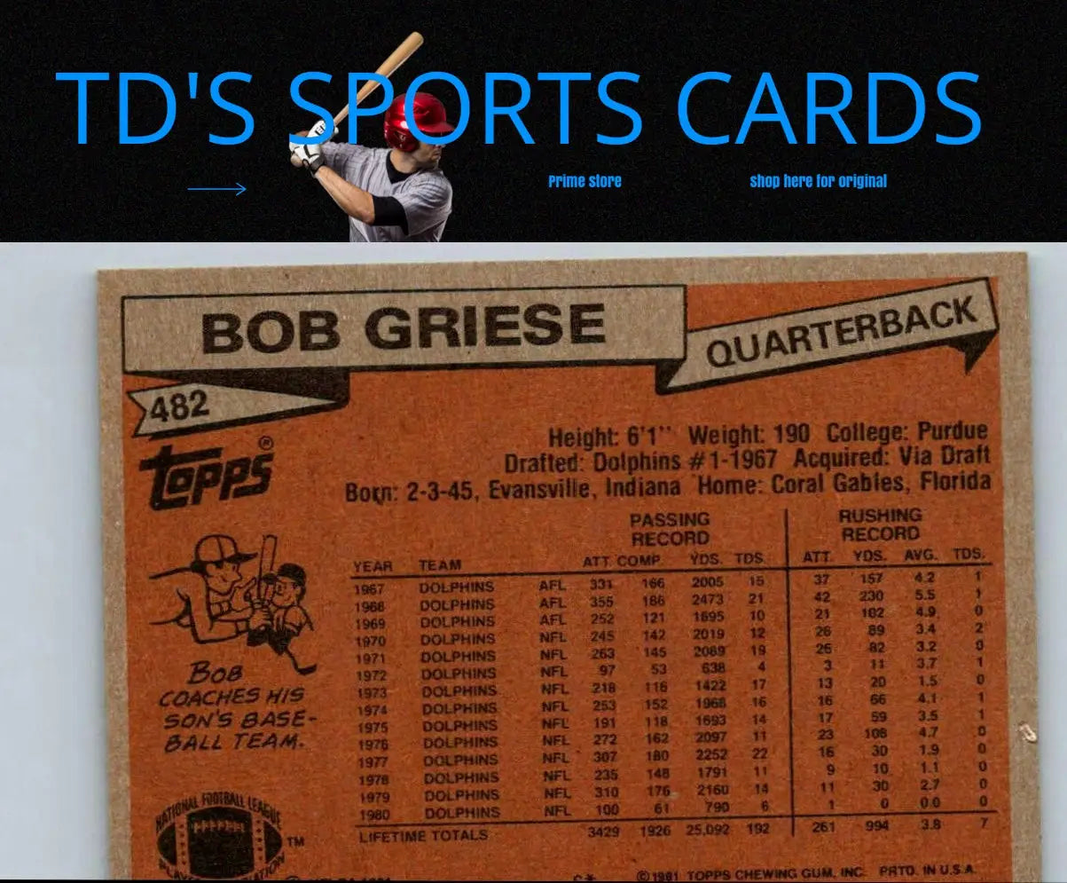 Bob Griese 1981 Topps #482 trading card collectible for football card enthusiasts