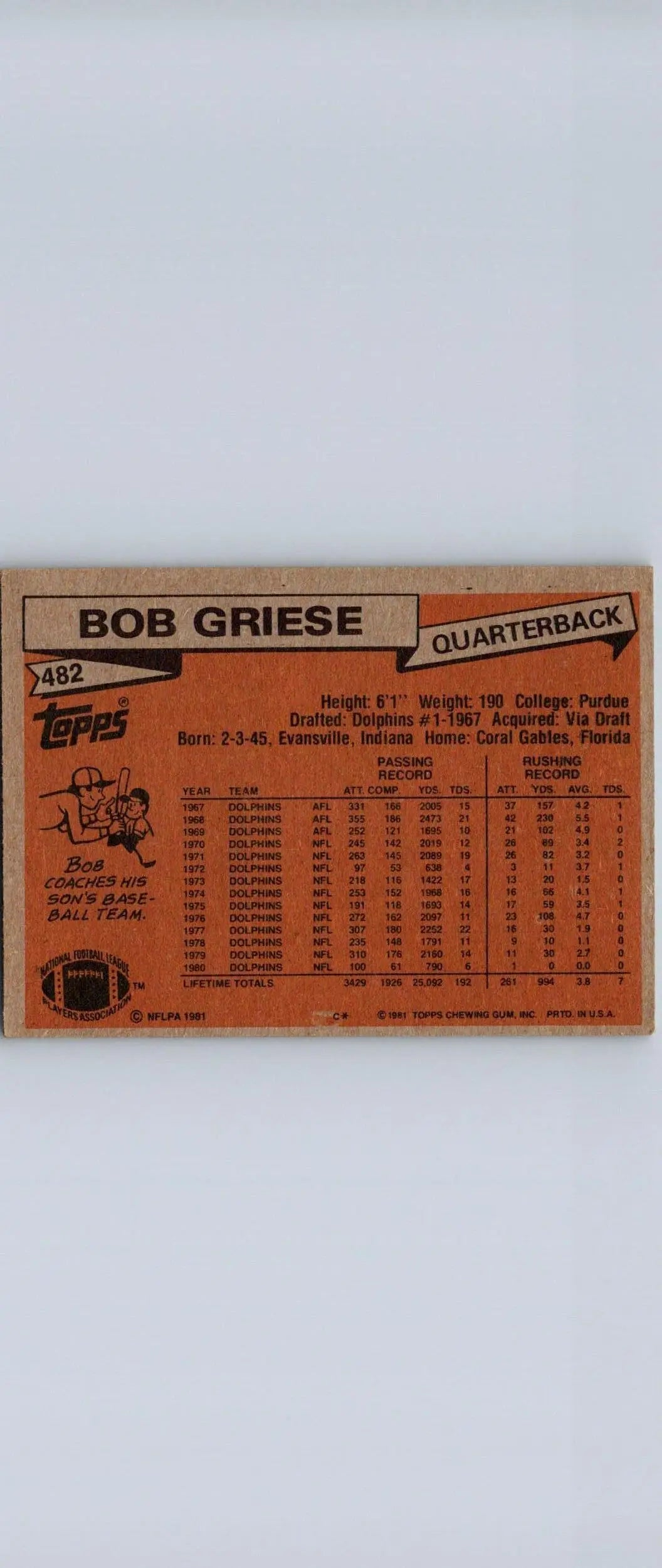 Bob Griese 1981 Topps #482 trading card featuring the legendary quarterback