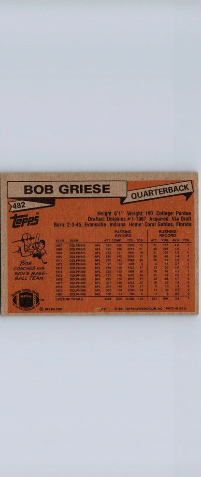 Bob Griese 1981 Topps #482 trading card featuring the legendary quarterback
