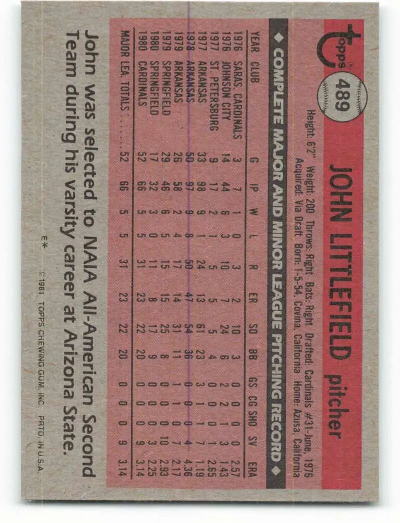 1981 Topps #489 John Littlefield EX Excellent RC Rookie St. Louis Cardinals Baseball Card - Baseball Card Single