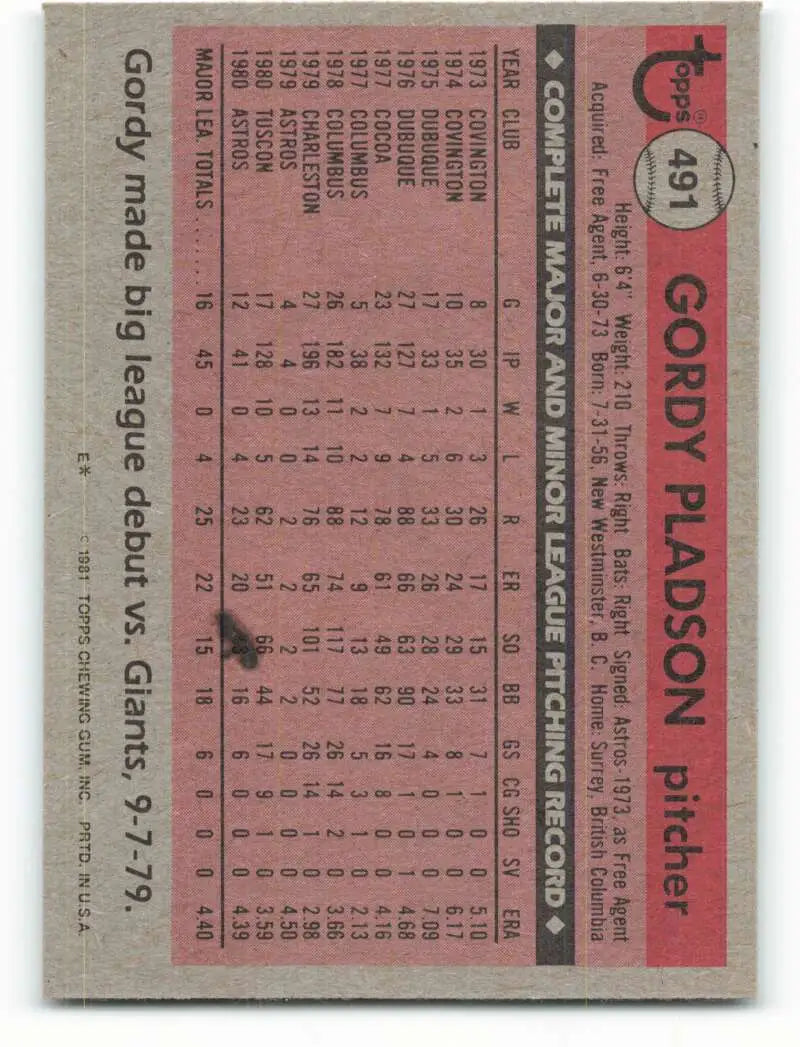 1981 Topps #491 Gordy Pladson EX Excellent RC Rookie Houston Astros Baseball Card - Baseball Card Single
