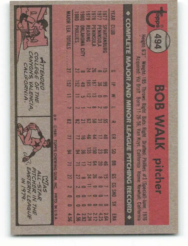 1981 Topps #494 Bob Walk EX Excellent RC Rookie Philadelphia Phillies Baseball Card - Baseball Card Single