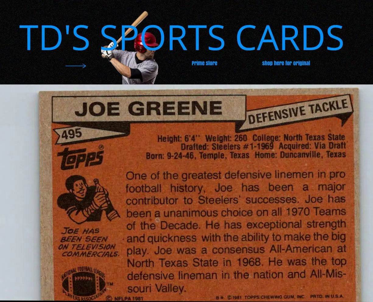 1981 Topps #495 Joe Greene football card, a must-have for trading cards collectors