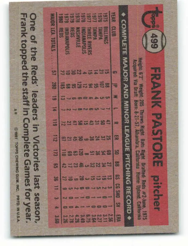 1981 Topps #499 Frank Pastore EX Excellent Cincinnati Reds Baseball Card - Baseball Card Single