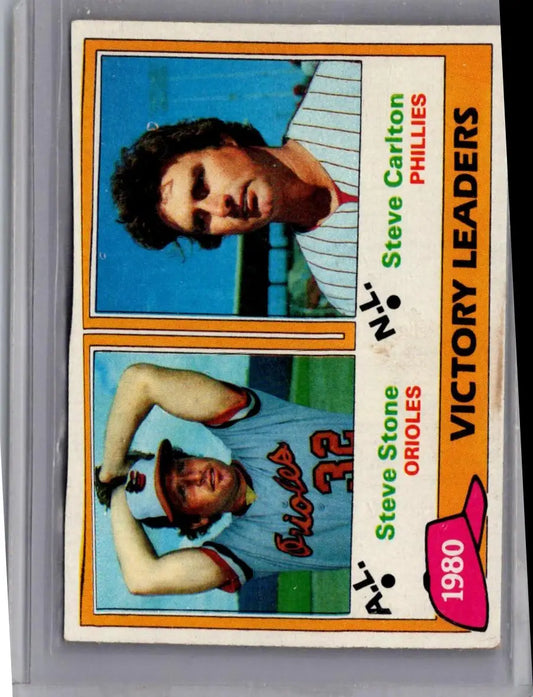 1980 Victory Leaders baseball card featuring Steve Stone and Steve Carlton from 1981 Topps